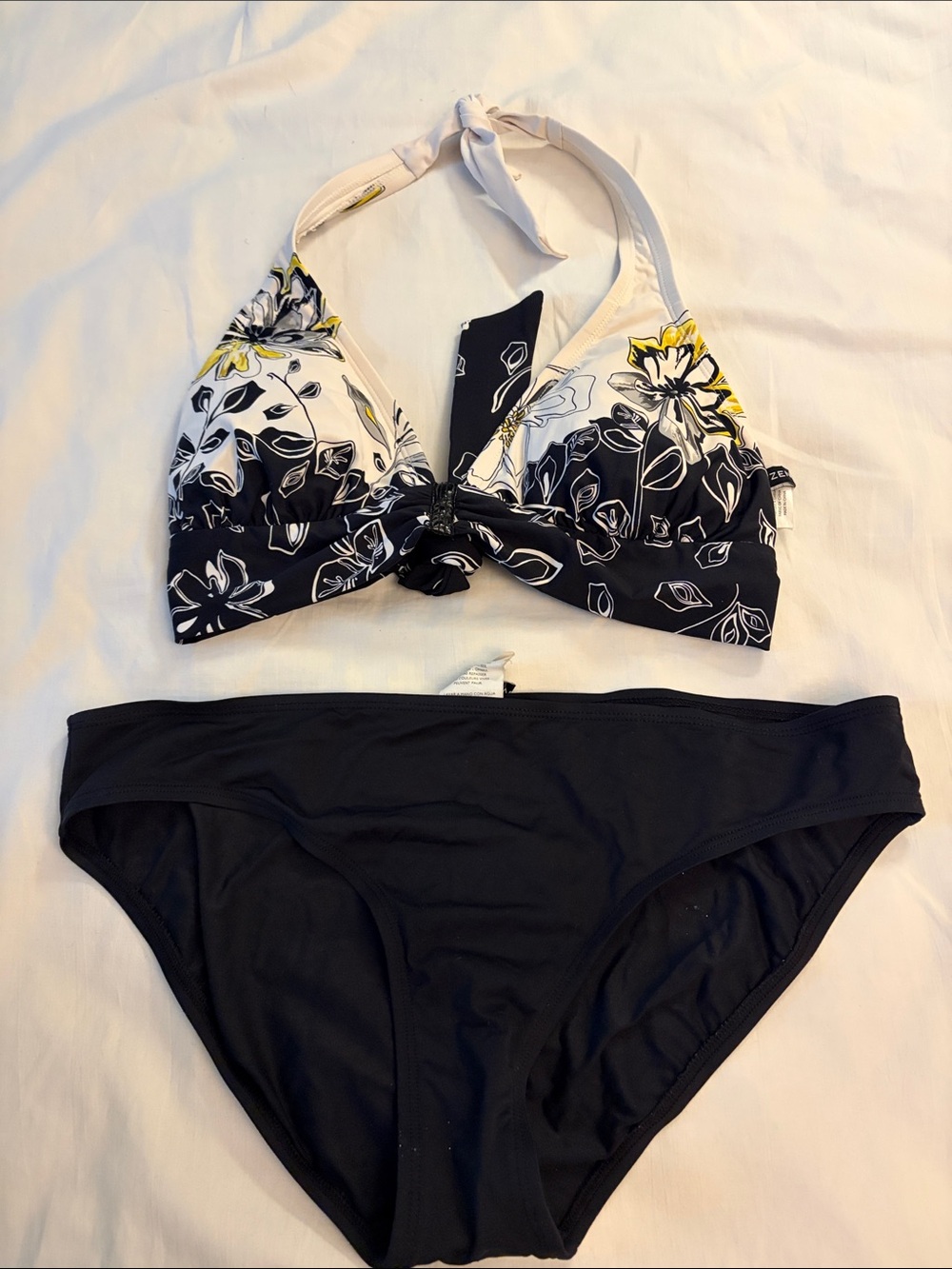 Floral Print Halter Bikini Set in Black and Cream